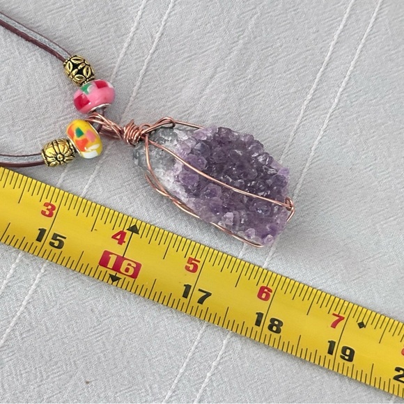 Amethyst Crystalline Wire Wrapped Stone Pendant Necklace Handmade Leather Cord - Picture 14 of 15